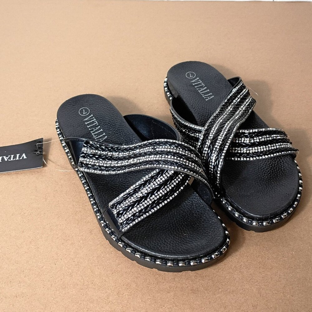 Vitalita Black Sparkle Slide On Sandals Flip Flop Summer Fancy Beach Shoes 7 NWT